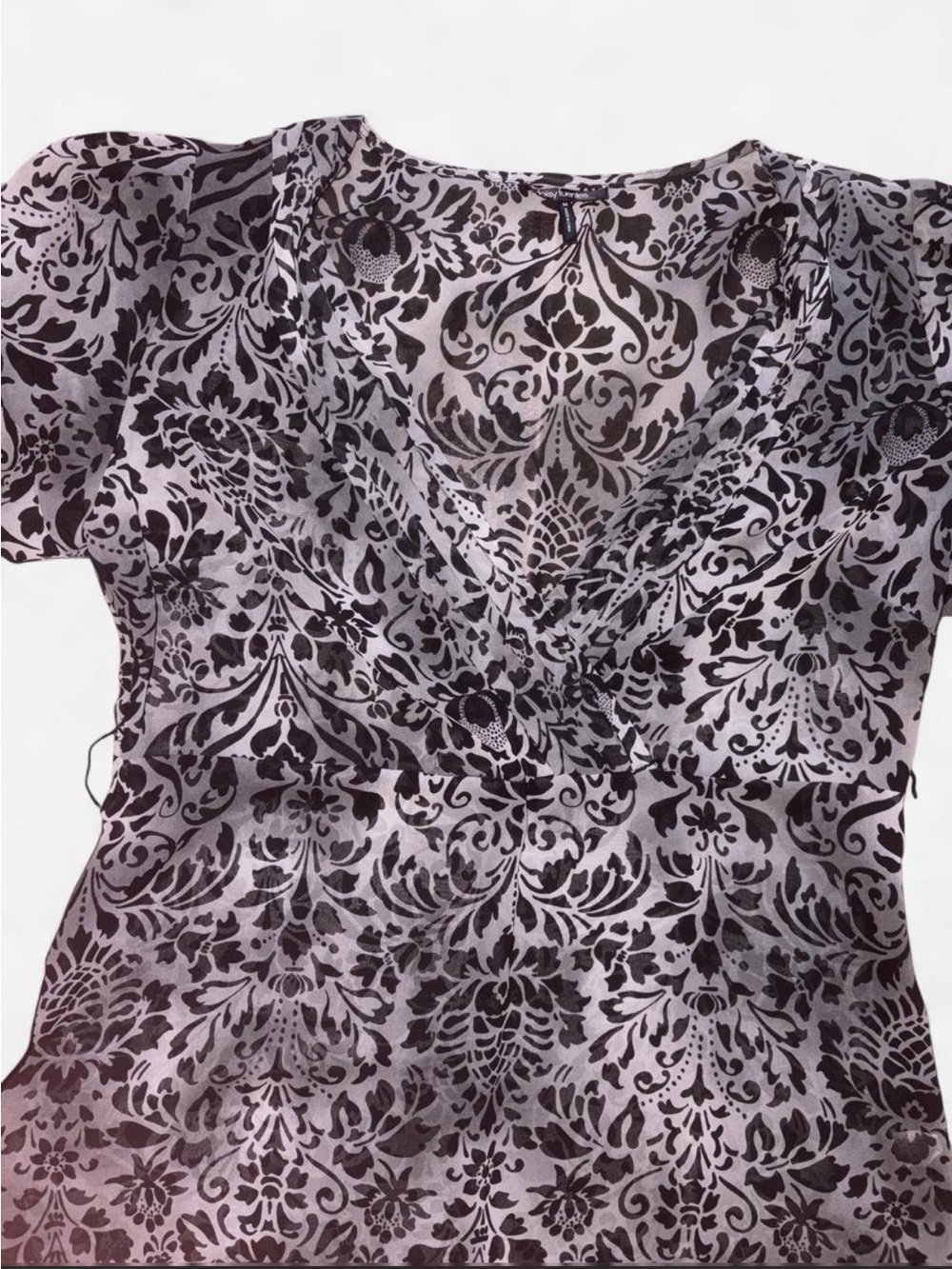 Y2K 2000s Daisy Fuentes Black and Grey Paisley Whimsygoth Sheer Babydoll Top - Picture 4 of 6